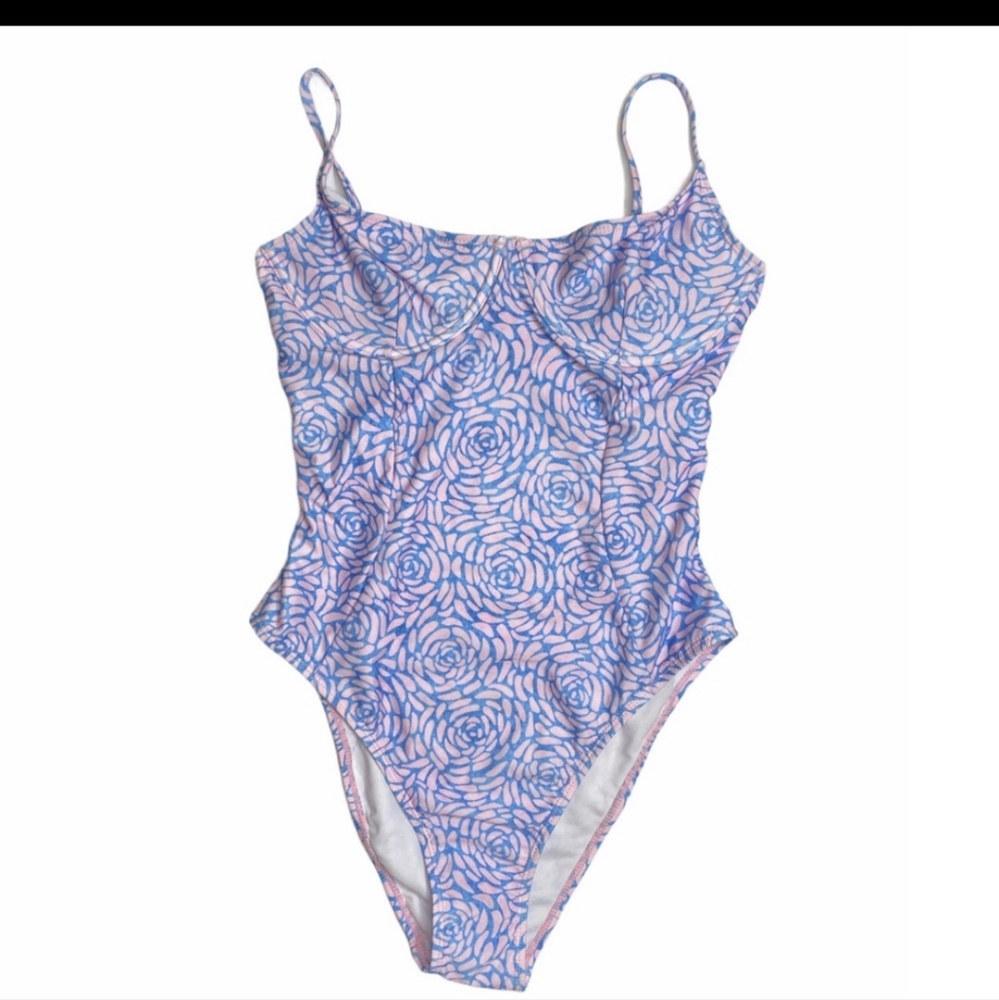 Onia Blue and Pink Rose Print One Piece Swimsuit